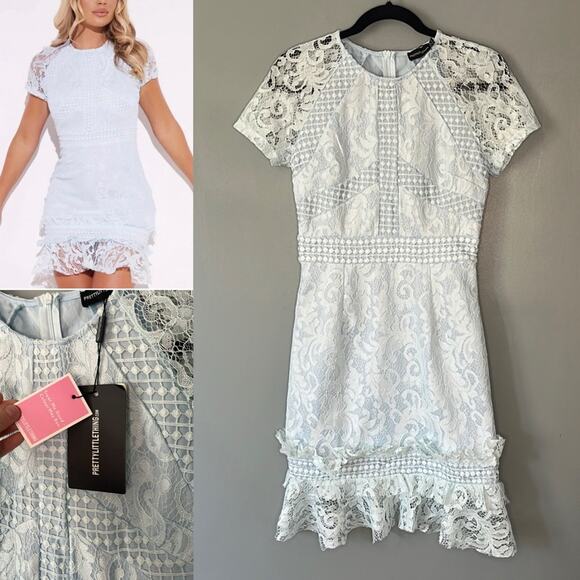 NWT PrettyLittleThing Dusty Blue Frill Hem Lace Bodycon Size 4 - Picture 1 of 12